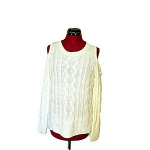 Hippie Rose Sweater Women Size Medium Ivory Cold Shoulder Cable Knit Sid…